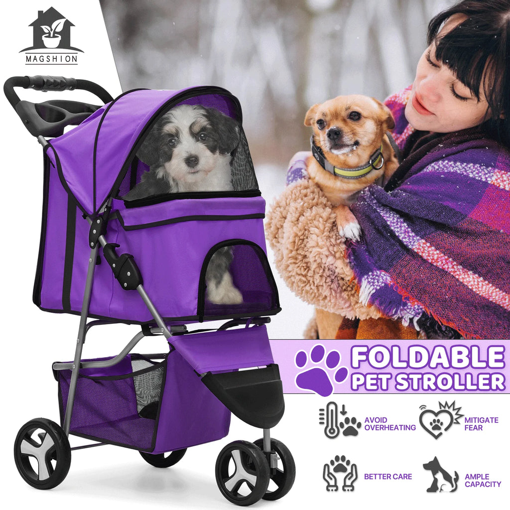 Magshion 3 Wheels Pet Dog Cat Stroller for Small Medium Dogs Cats, Foldable Jogger Stroller w/Storage Basket and Cup Holder