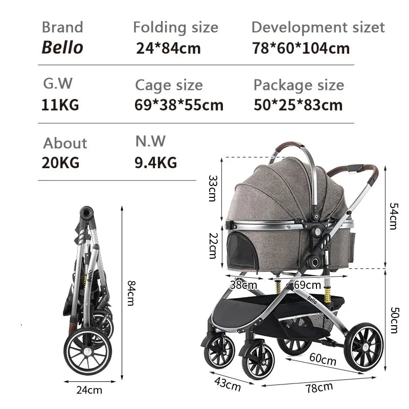Bello Pet Trolley Stroller for Dogs & Cats - Multi-Function Travel Cart with Carrier Compartment
