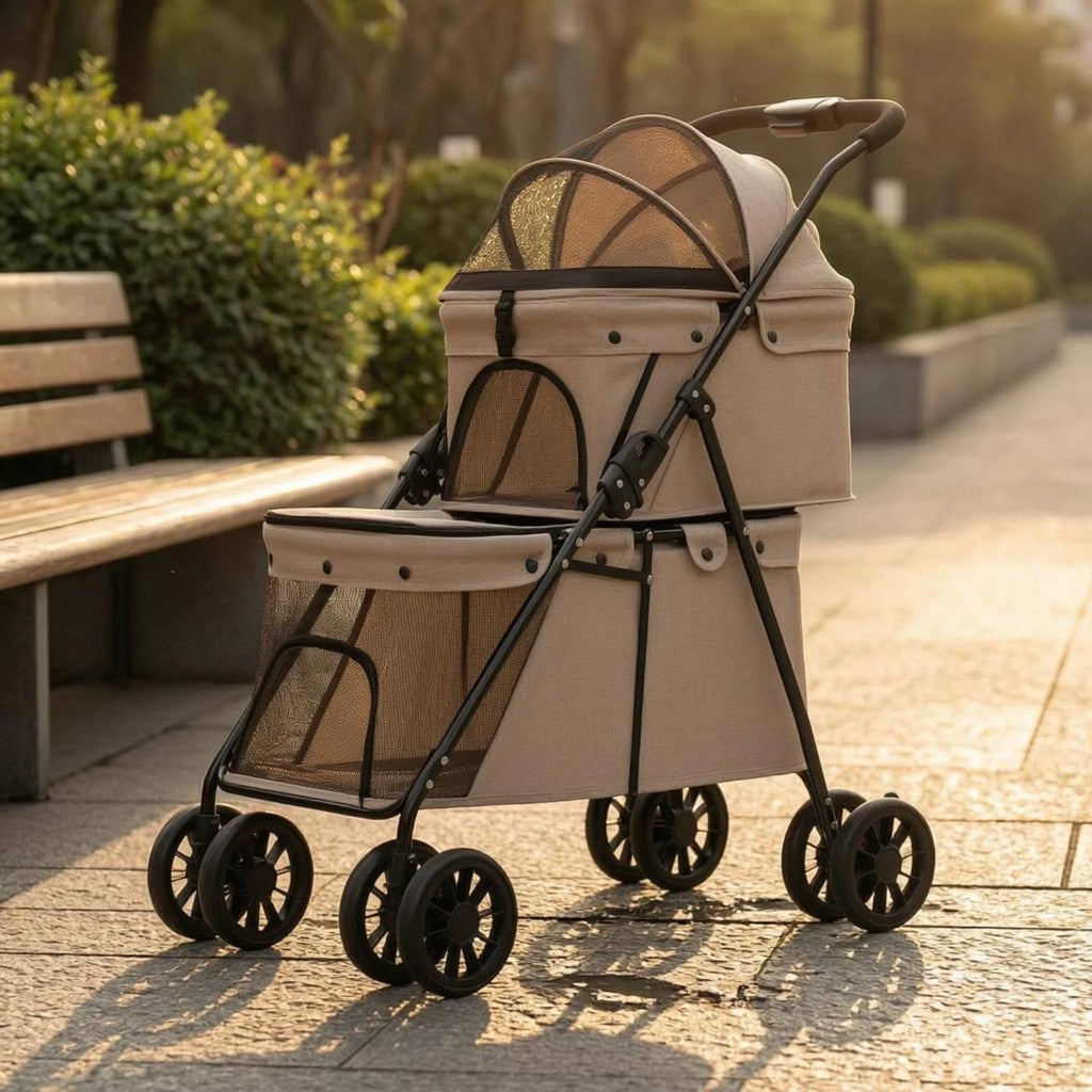 Double Layer Dog Feline Stroller Easy to Fold Double Deck Pet Stroller Large Space for Outdoor, Travel