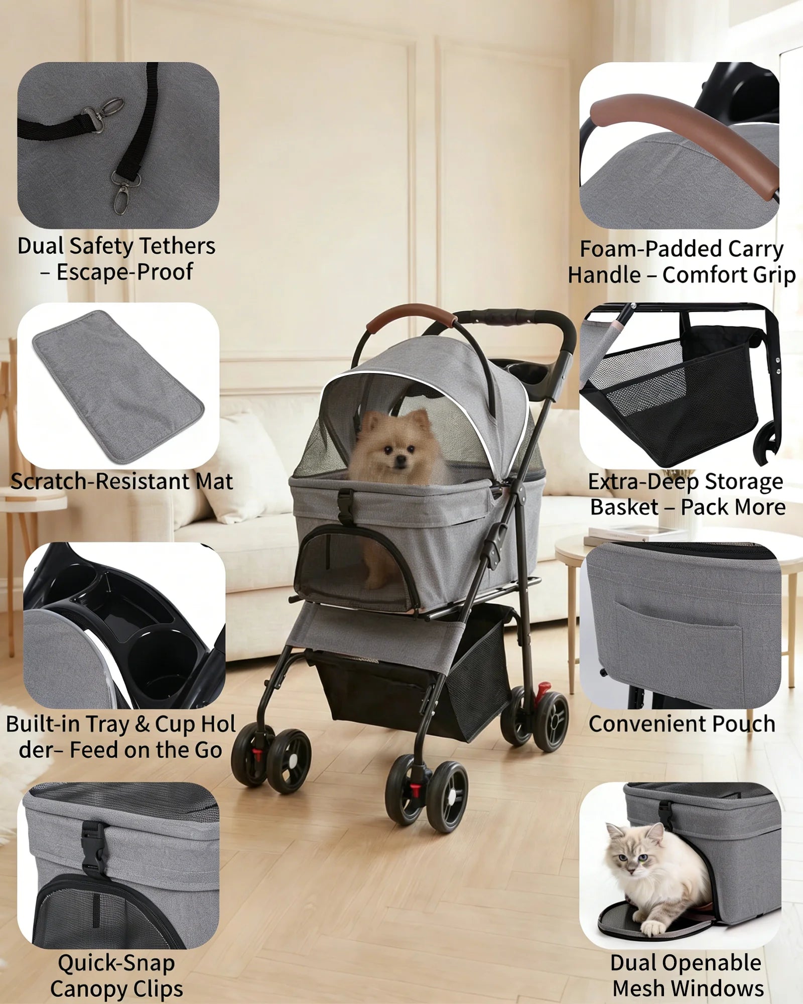 Detachable Dog Stroller 2-in-1 Pet Carrier & Stroller Foldable Lightweight 4 Wheel for Small Dogs Cats Portable Travel Pet Pram