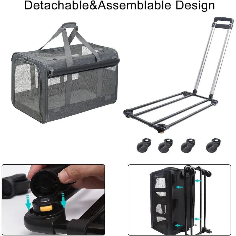 Large Rolling Pet Carrier with Wheels (up to 30lbs, Breathable, Collapsible)
