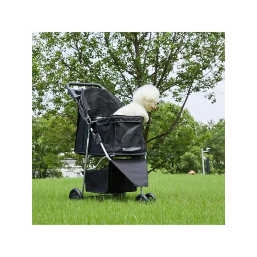 3 Wheels Pet Stroller, Cats And Dog Strollers With Storage Basket And Cup Holder, Breathable Mesh, Lightweight Travel Carrier
