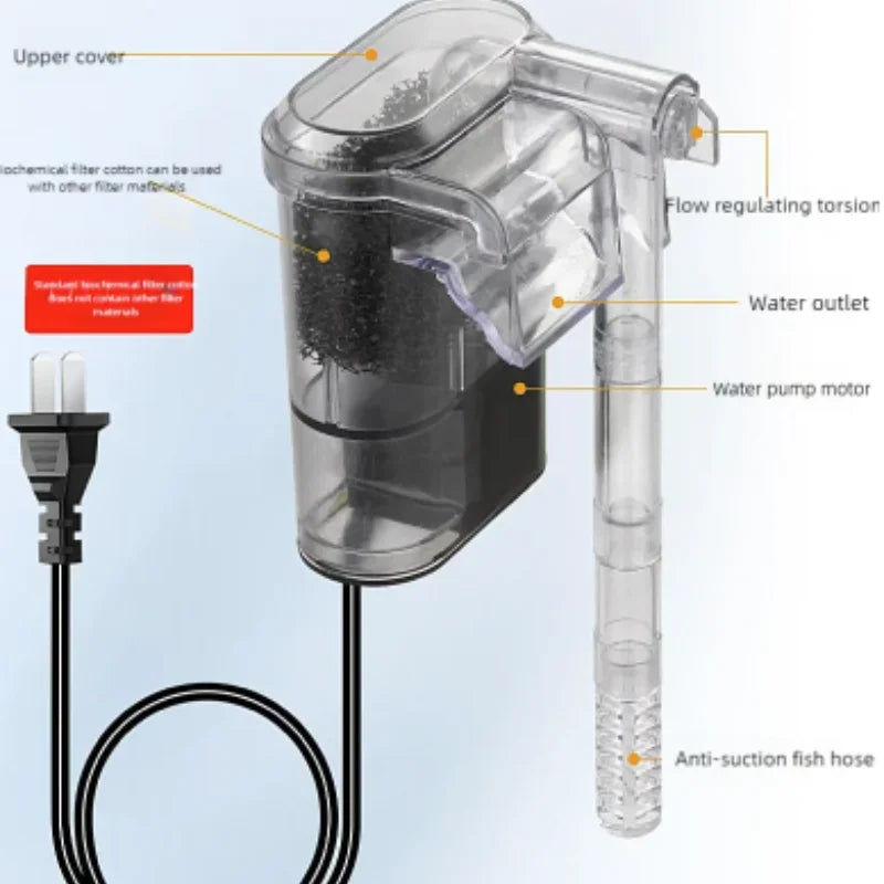 Mini USB Wall-Mounted Aquarium Waterfall Filter (Small Fish Tank, Silent, Clip-On)