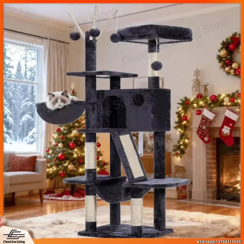 53in Cat Tree with Condo, Hammock & Scratching Post (Smoky Gray)