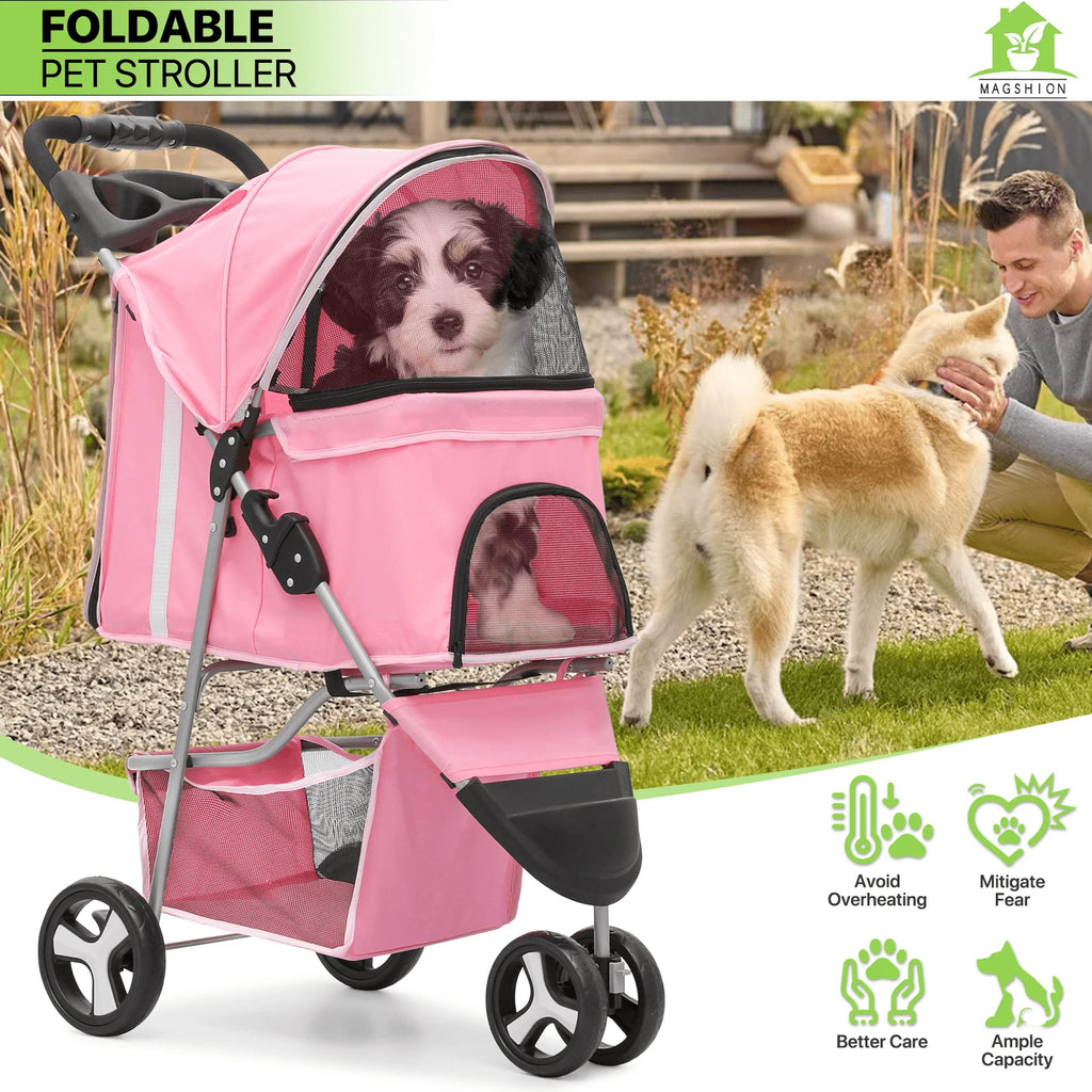 Magshion 3 Wheels Pet Dog Cat Stroller for Small Medium Dogs Cats, Foldable Jogger Stroller w/Storage Basket and Cup Holder