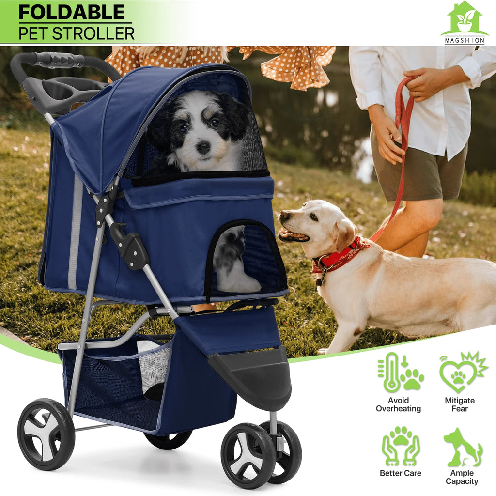 Magshion 3 Wheels Pet Dog Cat Stroller for Small Medium Dogs Cats, Foldable Jogger Stroller w/Storage Basket and Cup Holder