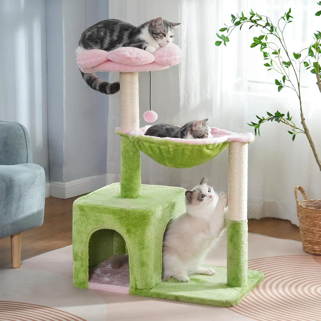 34in Cat Tree with Hammock & Wide Condo for Large Cats (Pink/Green)