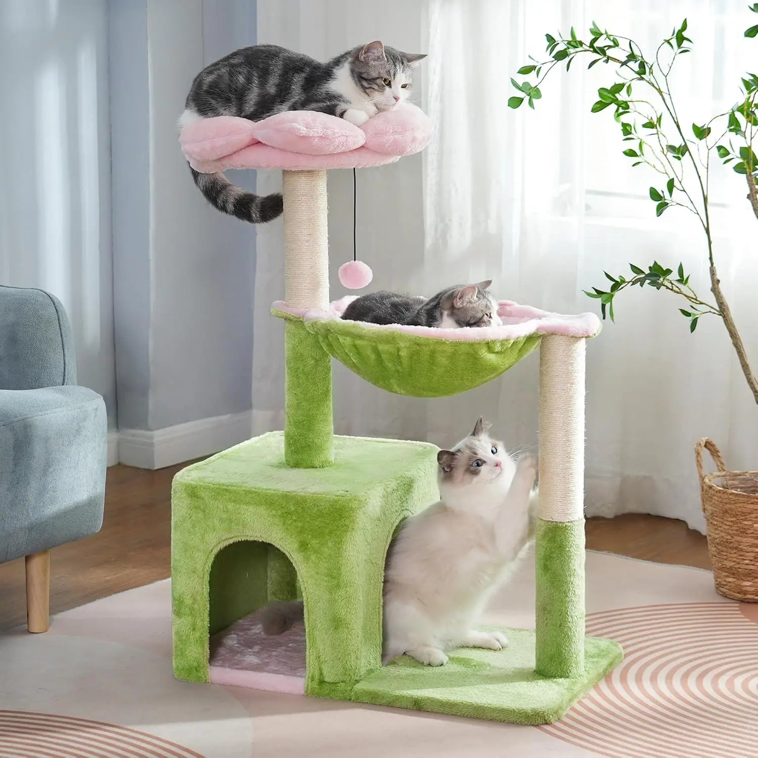 34in Cat Tree with Hammock & Wide Condo for Large Cats (Pink/Green)