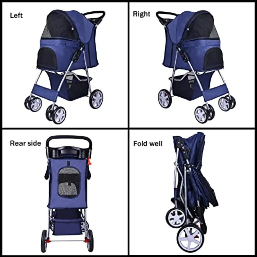 Pet Stroller 4 Wheels Multifunction Dog Cat Stroller Folding Portable Travel Stroller with Detachable Carrier Suitable for Medi