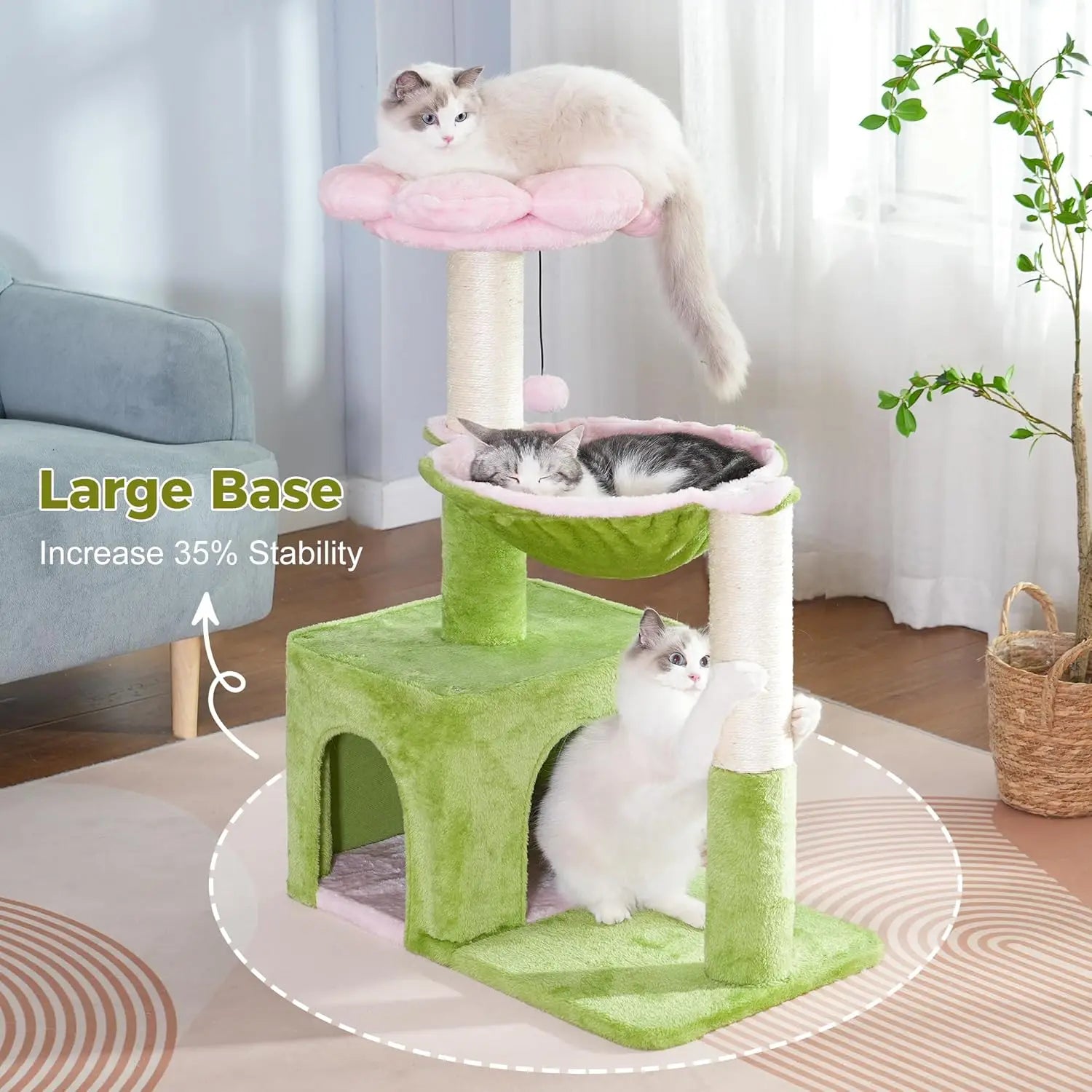 34in Cat Tree with Hammock & Wide Condo for Large Cats (Pink/Green)