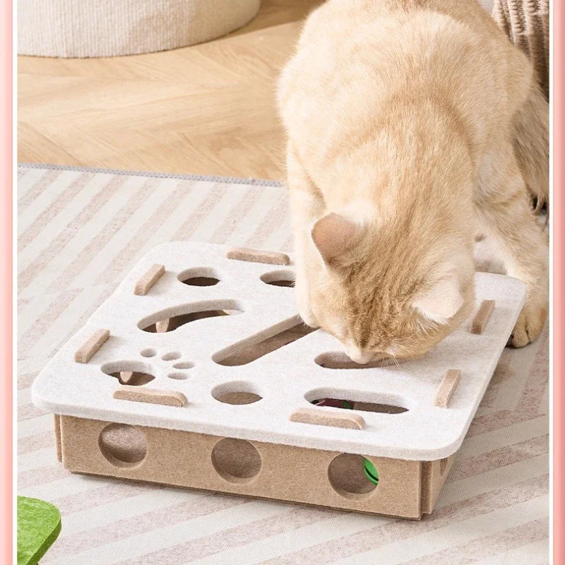 Felt Puzzle Box Cat Exercise Toy with Rolling Ball — Indoor Hunt & Dig