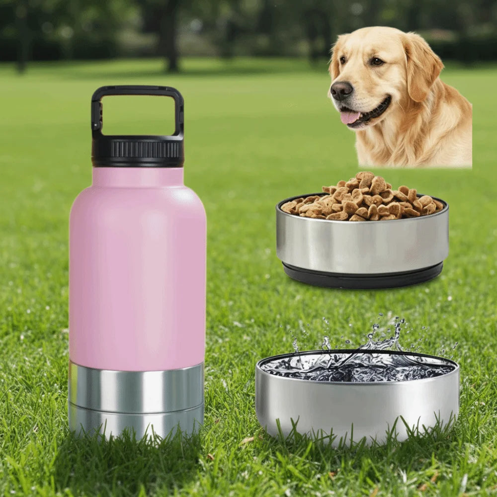 3 in 1 Stainless Steel Pet Water Bottle Multi-layered Detachable Dog Feeding Bottle Leak-proof 32Oz Pet Food Bottle