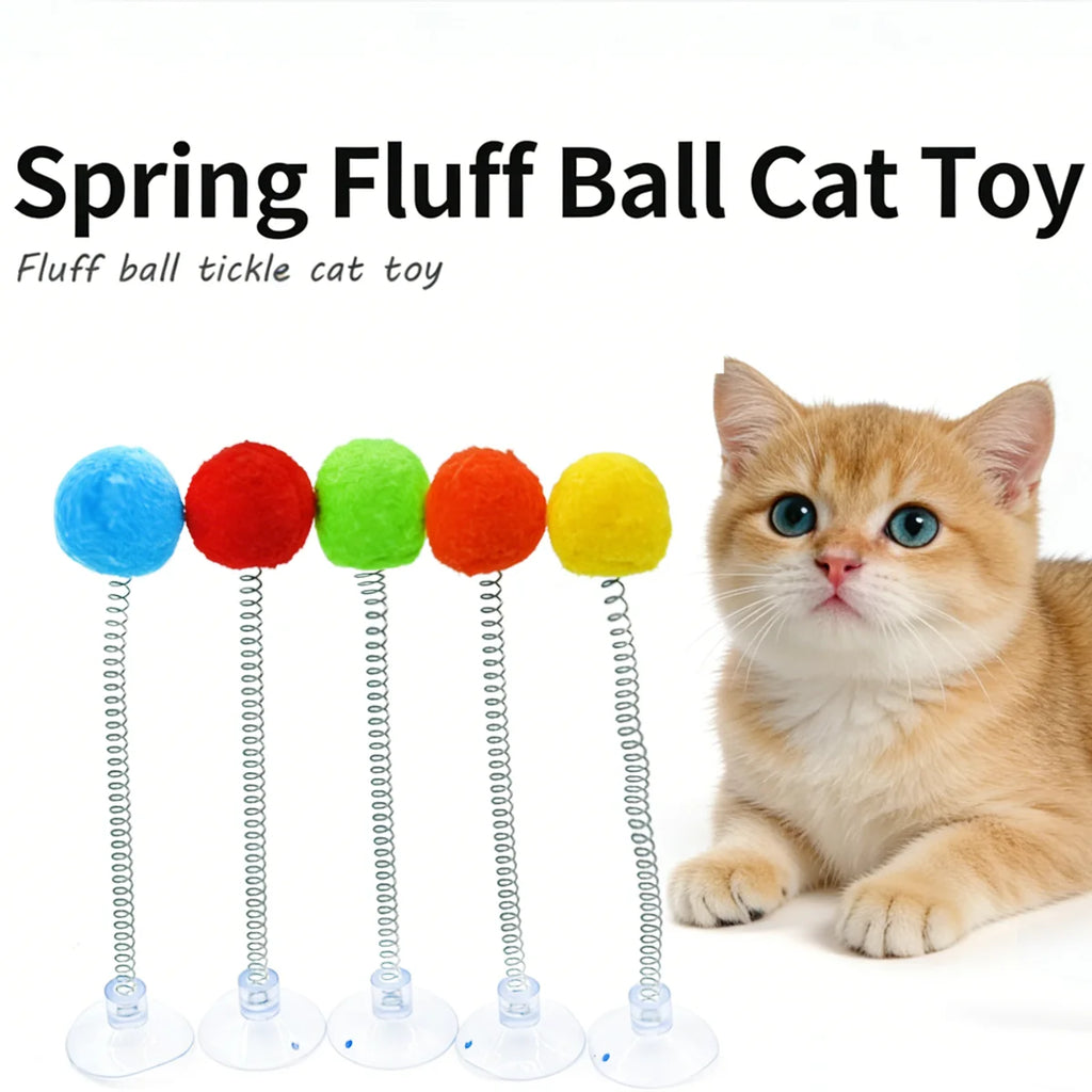 Suction Cup Cat Teaser Stick with Colorful Fur Ball Spring — Interactive Floor Toy for Cats