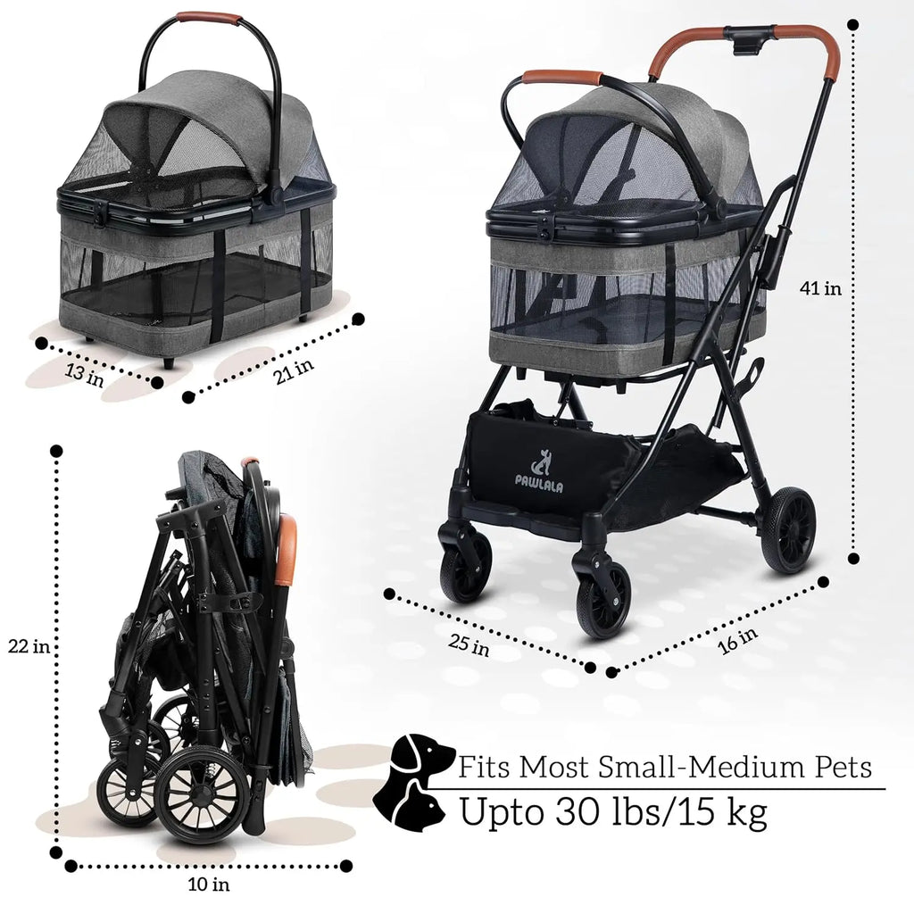 3-in-1 Pet Stroller for Small Dogs & Cats, Compact Fold, All-Terrain Wheels, Gray