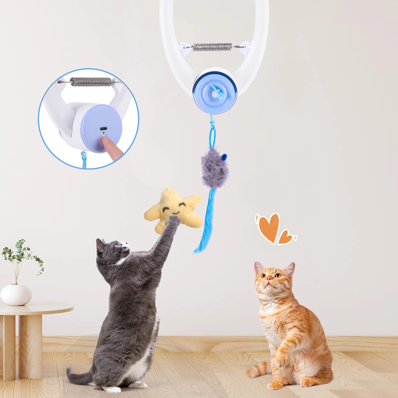 Door-Hanging Retractable Cat Teaser with 3 Catnip Mice — Automatic Indoor Kitten Toy