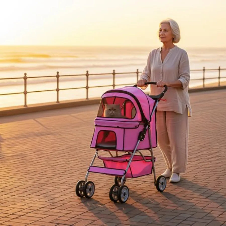 BestOffice Pet Stroller for Small Medium Dogs Cats, 4-Wheel Foldable Dog Stroller with Cup Holder, Lightweight Travel Carrier,