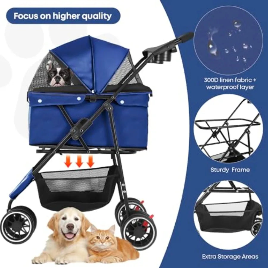 Pet Stroller, Dog Stroller for Small Medium Dogs Cats, 3 Wheels, Foldable, with Breathable Mesh Canopy, Cup Holders, Easy Assem