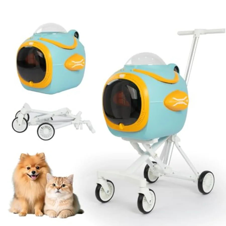 4 in 1 Foldable Pet Stroller with Detachable Carrier for Small Dogs Cats, Space Capsule Travel Stroller with Inbuilt Fan, Tempe