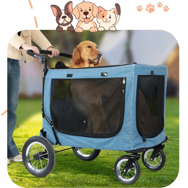 Multifunctional Foldable Camping Cart Large Pet Stroller Trolley with Wooden Table Top Heavy Cart for Outdoor Travel Dog Carrier
