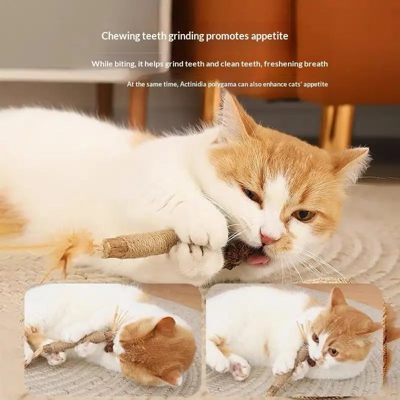 Natural Wood Knotweed Cat Teething Stick Set with Raffia & Sisal Rope