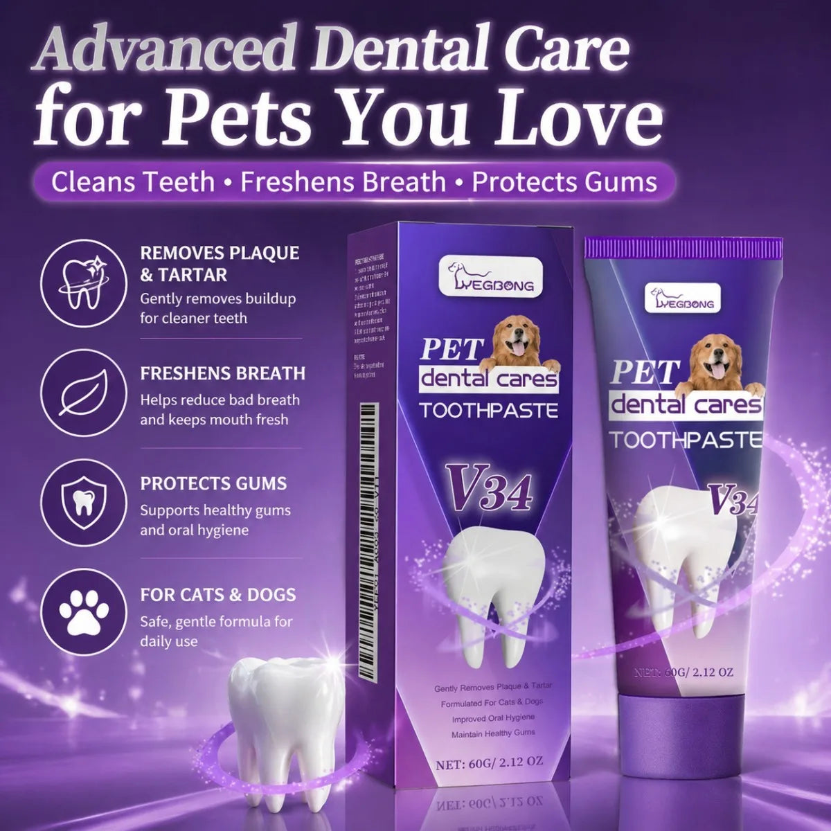 V34 Pet Toothpaste Gentle Plaque Tartar Remover Fresh Breath Gum Health for Cats Dogs Daily Dental Care 60g
