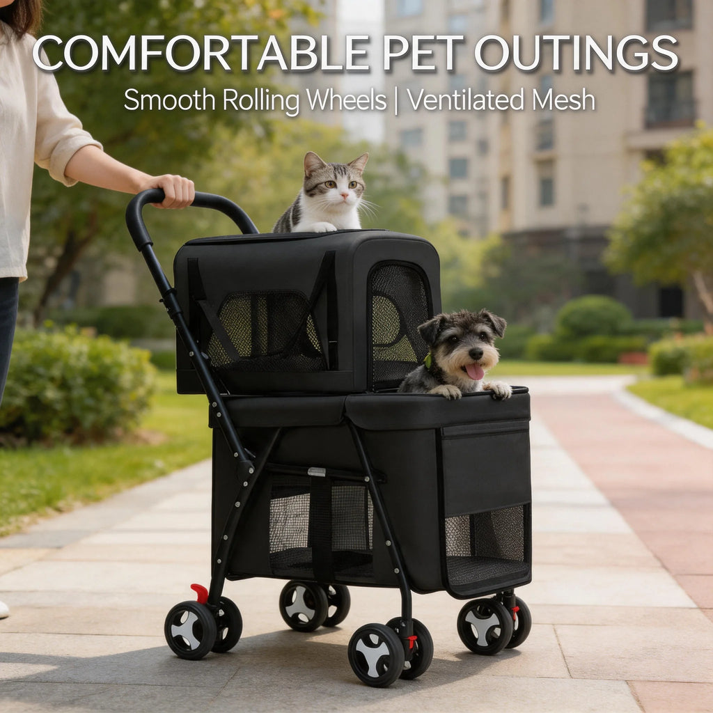 Portable Quick-Folding Double Pet Stroller for Dogs Cats with Detachable Carriers Pet Travel Strolling Cart for Outdoor Use
