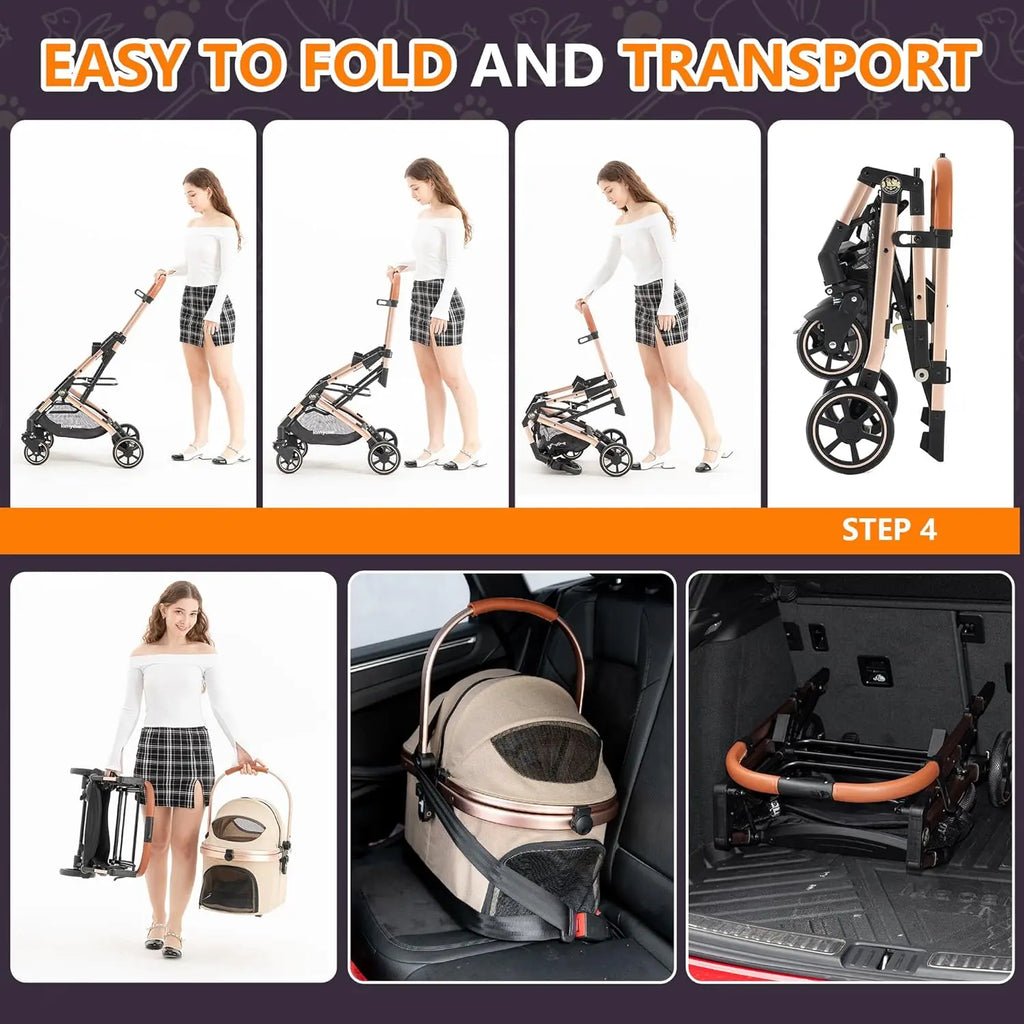 3-in-1 Pet Stroller for Outdoor Use, Aluminum Alloy, Khaki, Detachable Carrier & Pad, Lightweight, Foldable, Dual No-Zip Entry