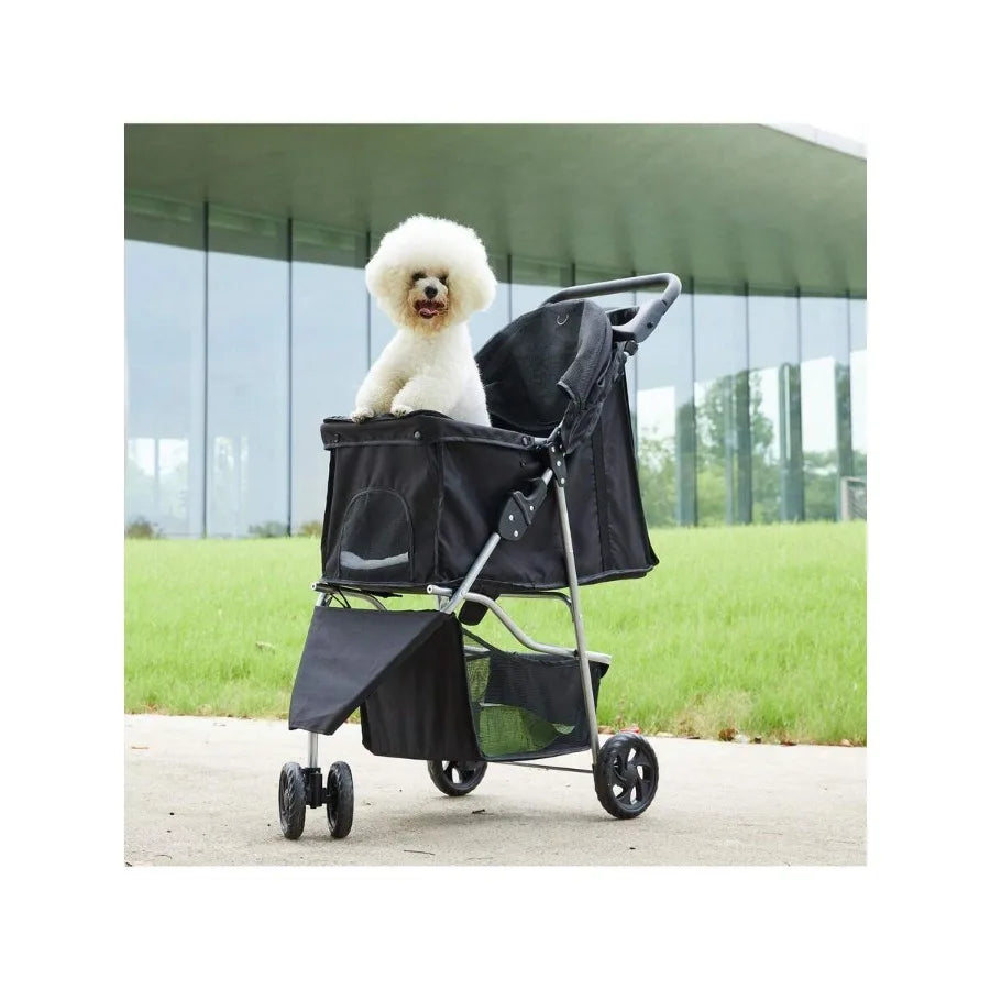 3 Wheels Pet Stroller, Cats And Dog Strollers With Storage Basket And Cup Holder, Breathable Mesh, Lightweight Travel Carrier