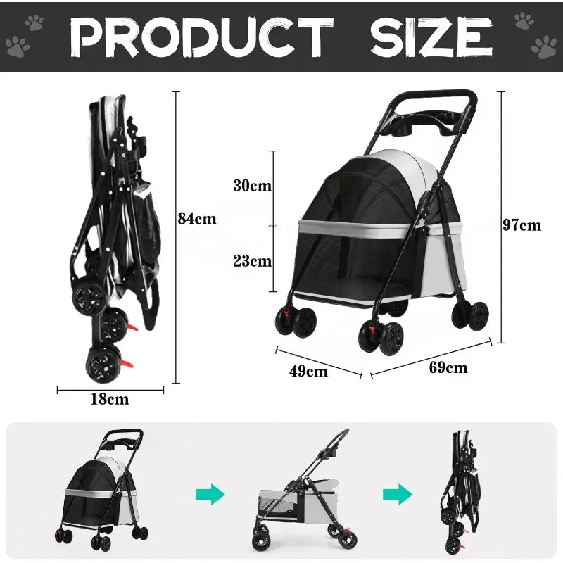 Pet 4 Wheels Dog Cat Stroller Portable Foldable Trolley Pet Carrier Cart Outdoor Travel Dog Cat Cage Stroller with Cup Holder