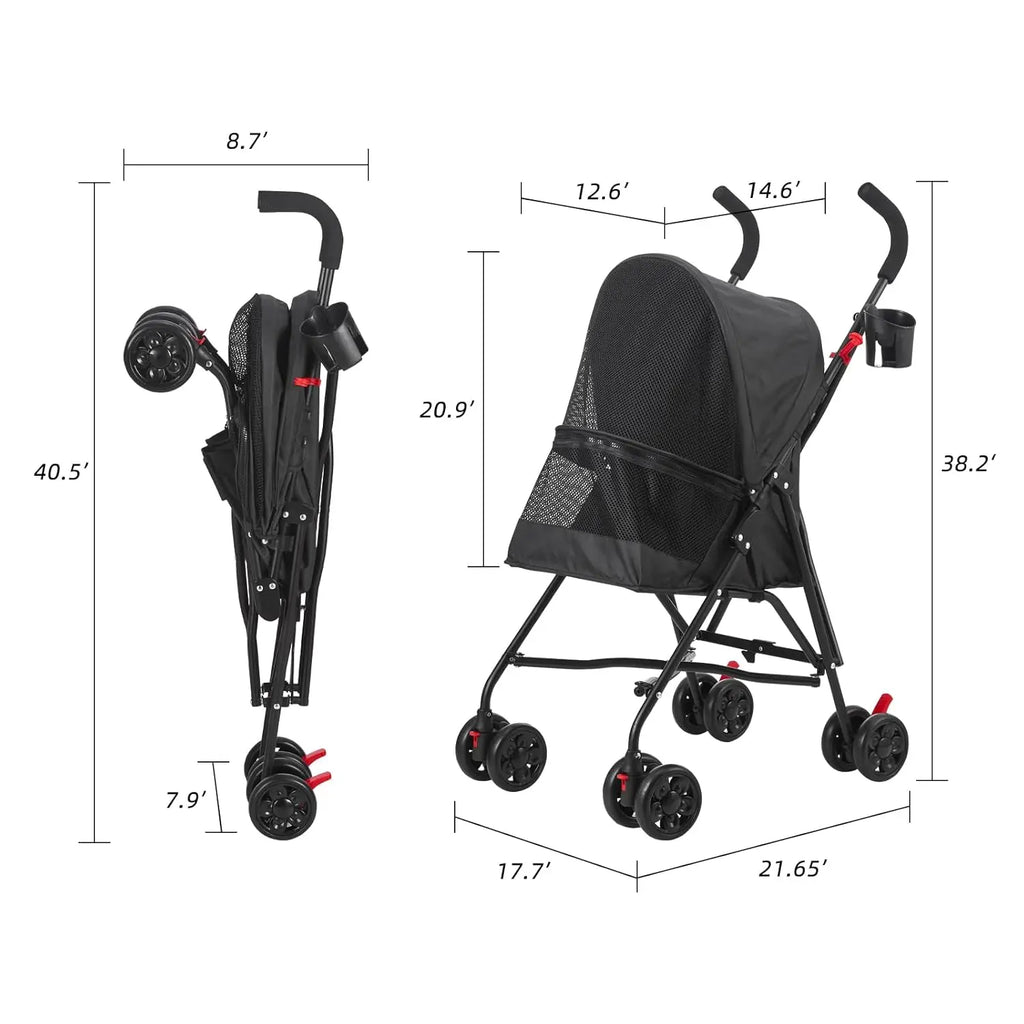 Pet Travel on All Road Surfaces with Oxford Cloth Material, Black, Foldable, Wide-View Window and Brakes