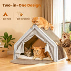 Wooden Cat Cave Bed with Sisal Scratcher & Curtains (All-Season)