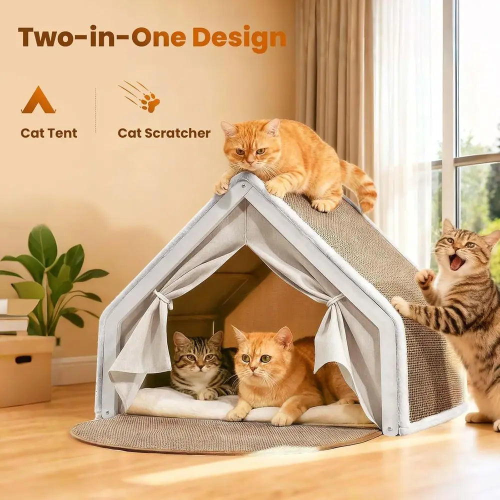 Wooden Cat Cave Bed with Sisal Scratcher & Curtains (All-Season)