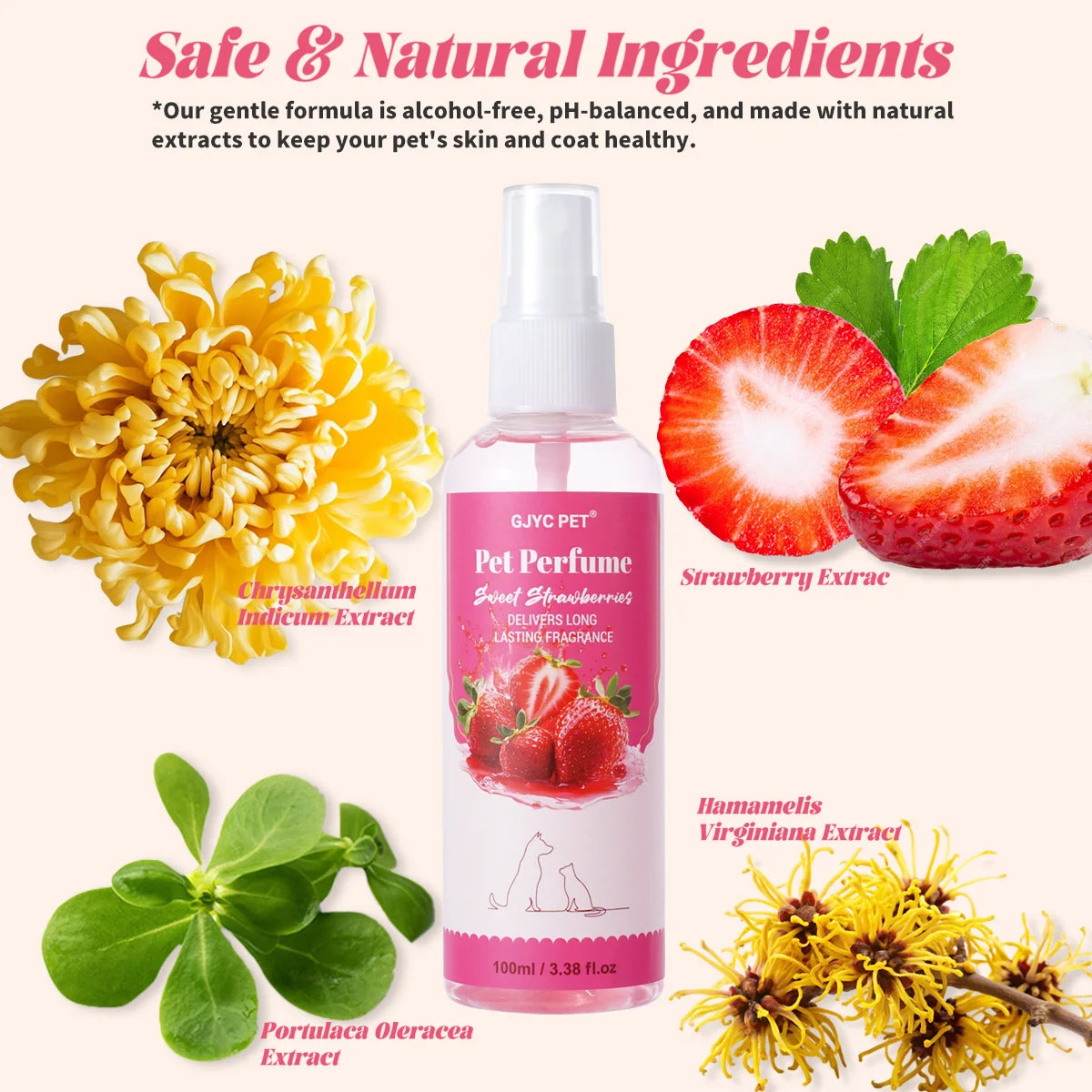 Pet Perfume Spray 100ml Sweet Strawberry Scent Long-Lasting Fragrance Alcohol-Free Odor Eliminator Non-Irritating Pet Body Odor
