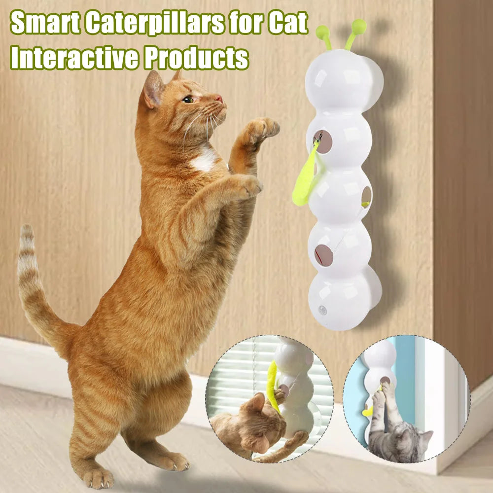 Rechargeable Motion-Activated Caterpillar Cat Teaser with Feather Tail — Intelligent Interactive Toy