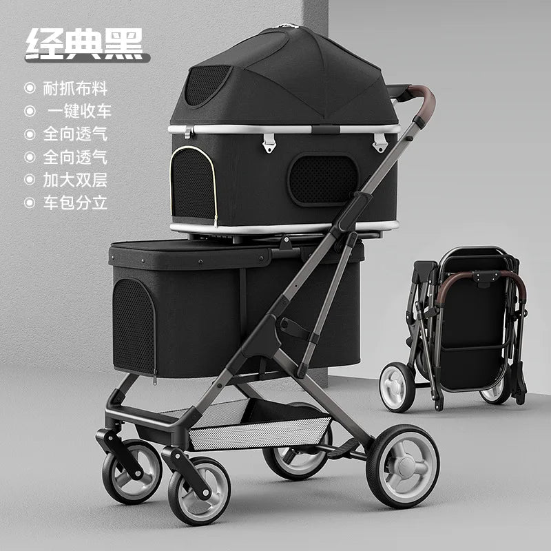 Double Layer Pet Stroller, Foldable Lightweight Dog Cat Carrier for Outdoor Travel, Portable Pet Carriage
