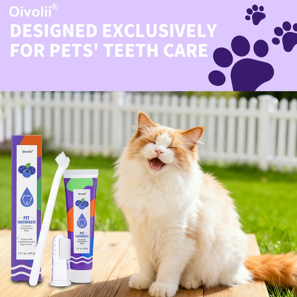 Pet Teeth Cleaning Kit Enzymatic Toothpaste for Cats Dogs with Toothbrush Finger Brush Reduce Plaque Tartar Blueberry Flavor