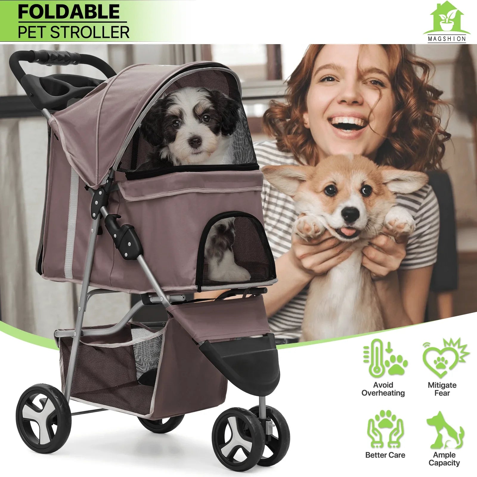 Magshion 3 Wheels Pet Dog Cat Stroller for Small Medium Dogs Cats, Foldable Jogger Stroller w/Storage Basket and Cup Holder