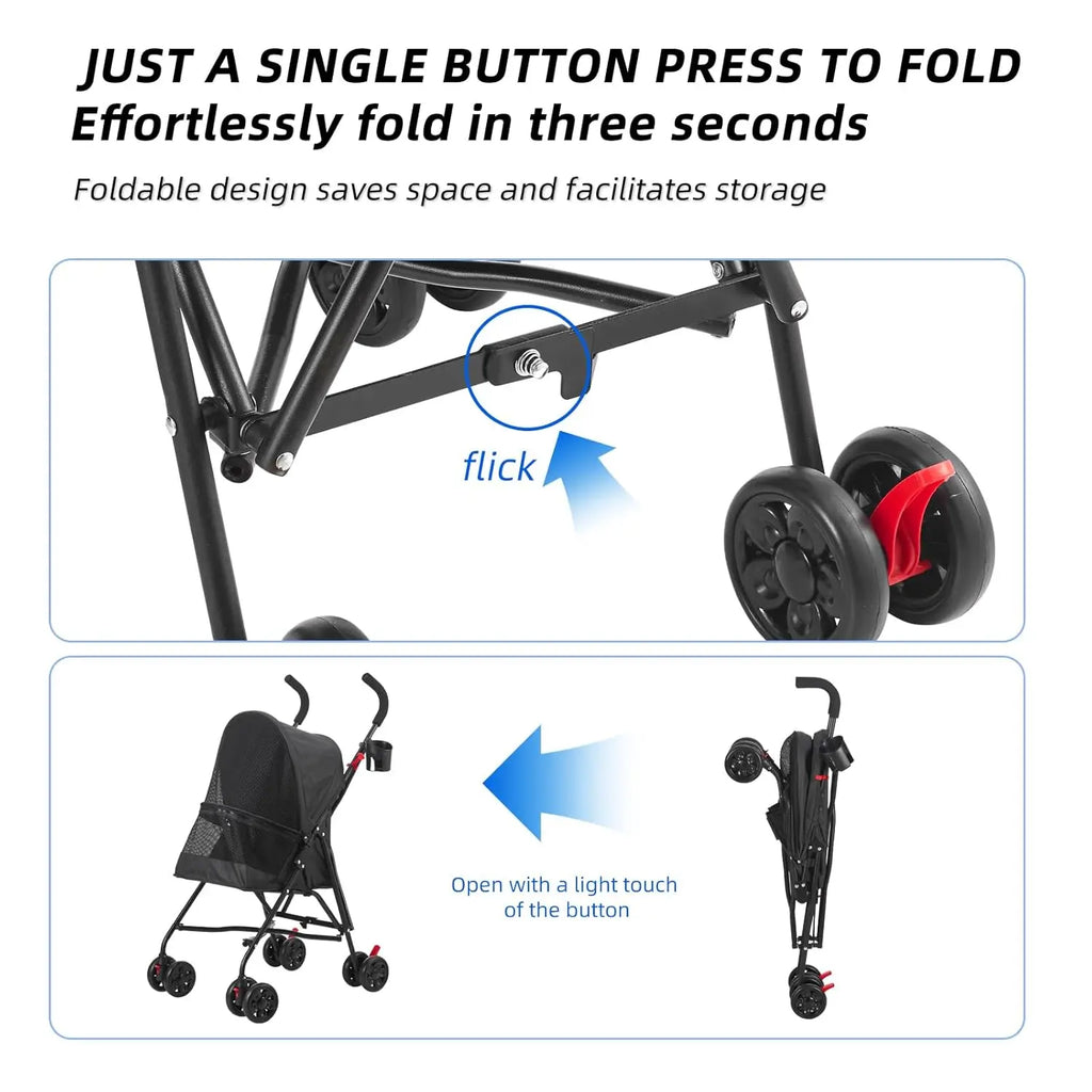 Pet Travel on All Road Surfaces with Oxford Cloth Material, Black, Foldable, Wide-View Window and Brakes