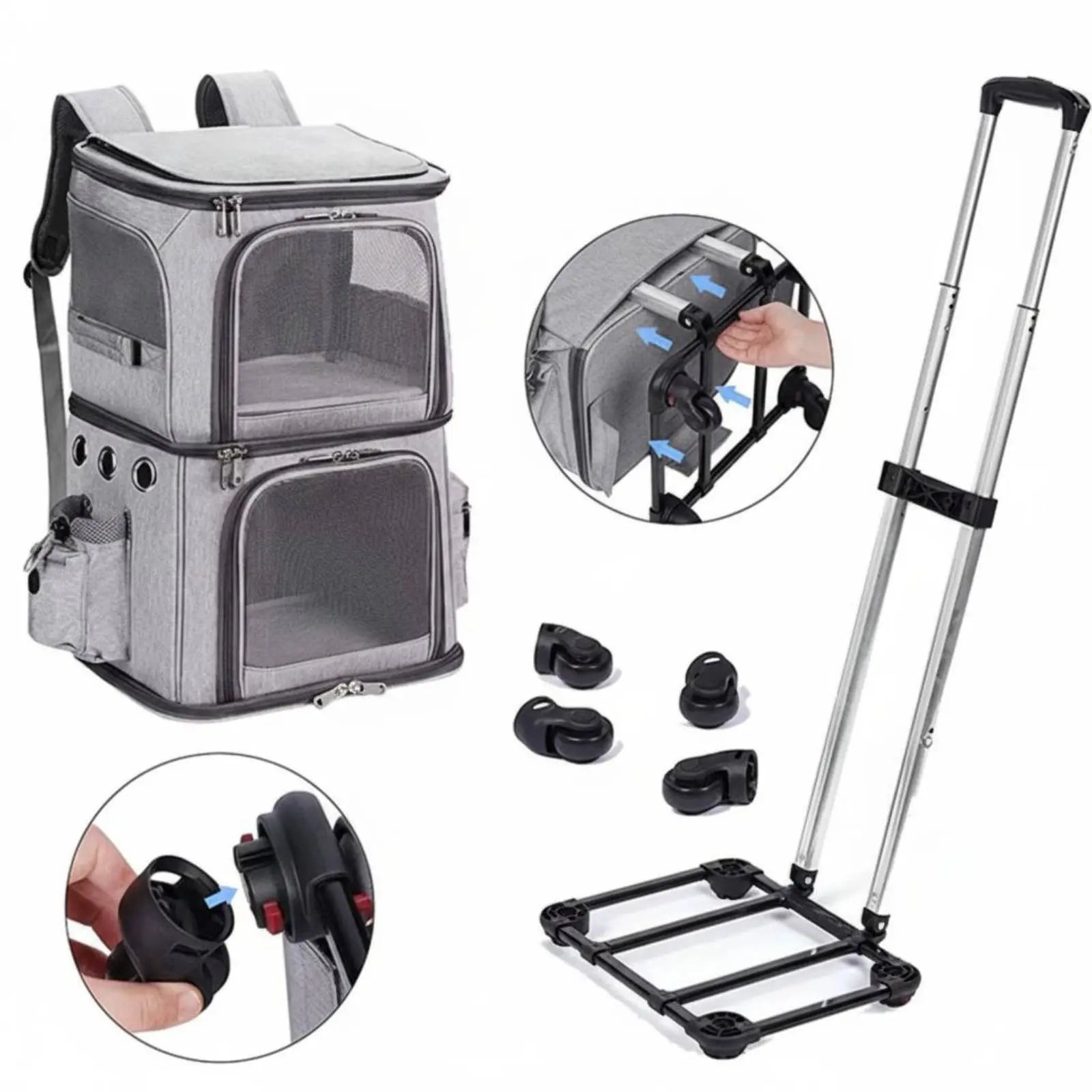 Double-Deck Pet Carrier Breathable Pet Trolley Bag Feline Travel Carrier Telescopic Handle Dog Travel Bag Portable for Vet Visit