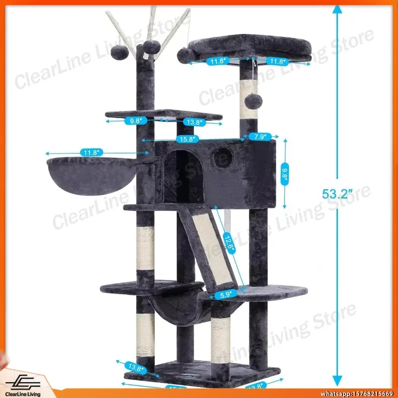 53in Cat Tree with Condo, Hammock & Scratching Post (Smoky Gray)