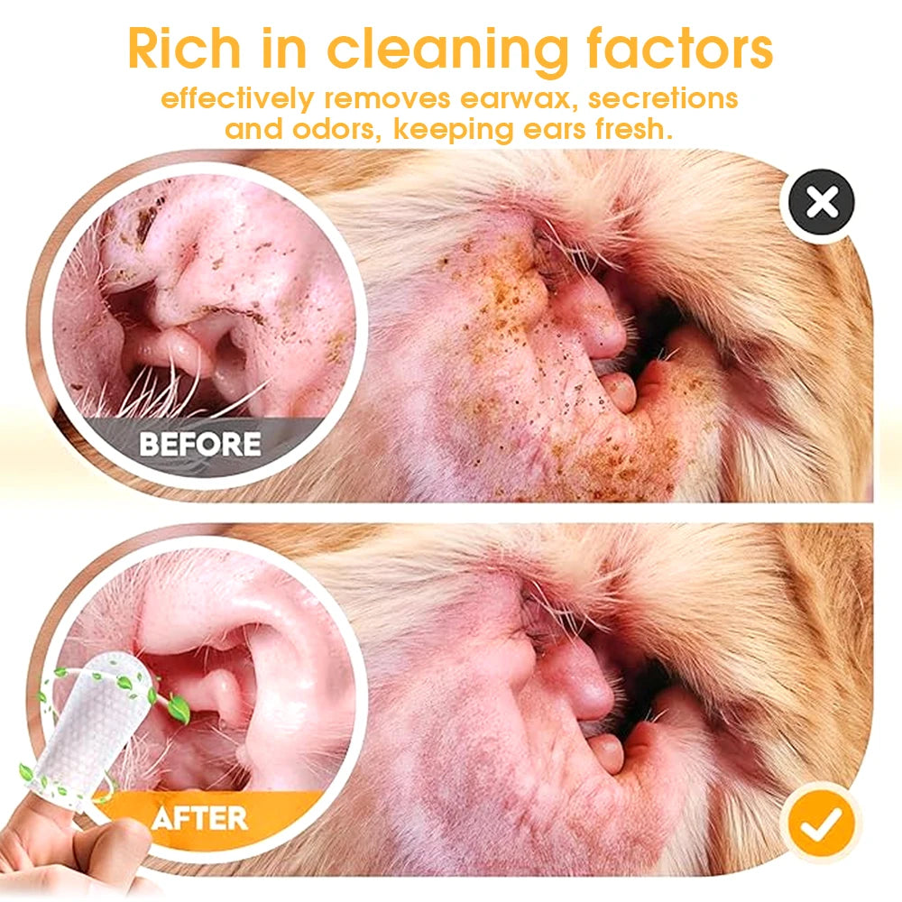 Pet Ear Cleaning Finger Wipes, 50 Pieces - Gentle Daily Cleaning Wipes, Suitable for Dog, Cat, and Rabbit Ear Care, Soft Finger Sleeve Design, Helps Keep Pet Ears Clean and Fresh, Suitable for Households with Multiple Pets