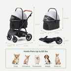 3-in-1 Pet Stroller for Medium Dogs & Cats, Detachable Aluminum Frame Carrier, All-Terrain 4-Wheel Dog Travel Carriage, Shock Ab