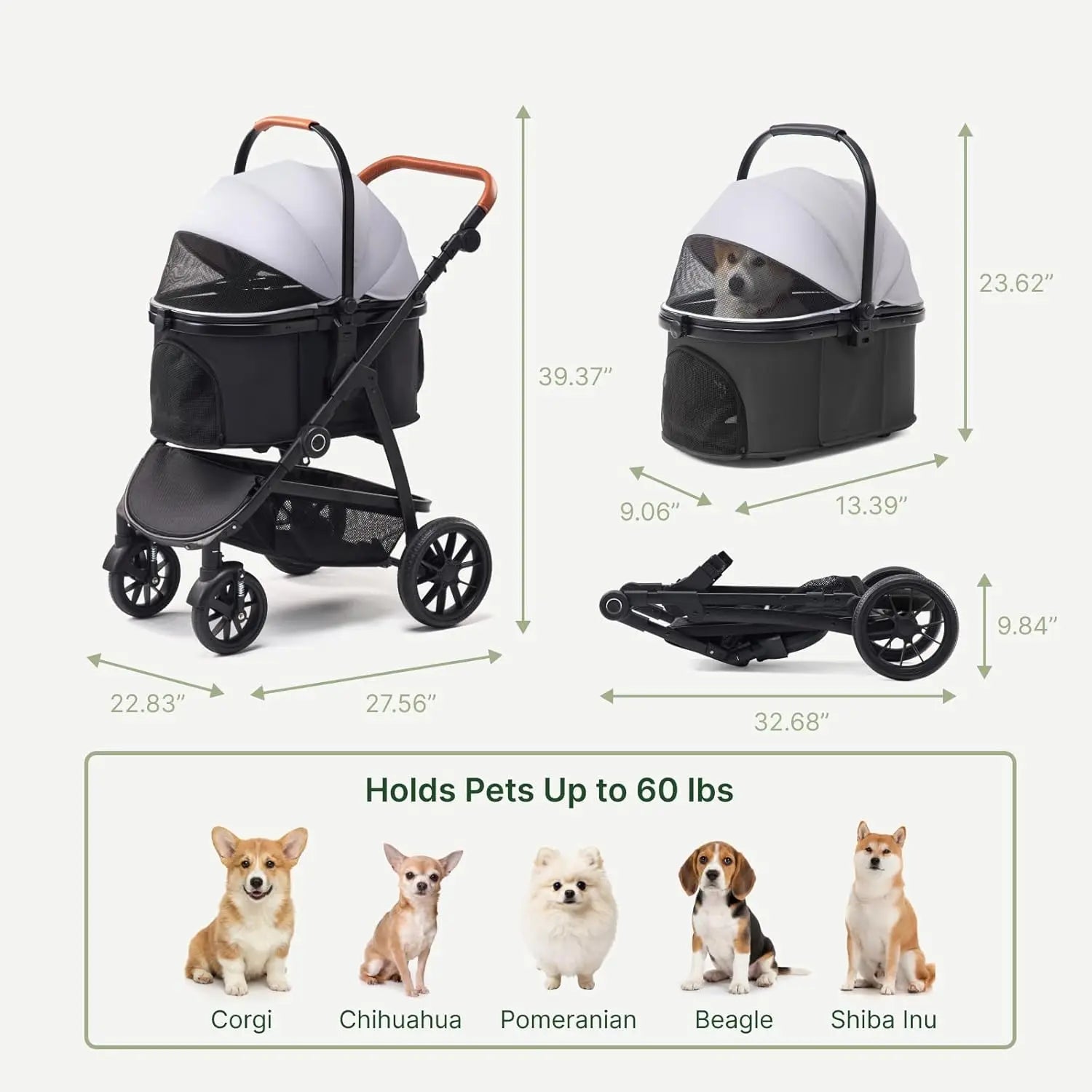 3-in-1 Pet Stroller for Medium Dogs & Cats, Detachable Aluminum Frame Carrier, All-Terrain 4-Wheel Dog Travel Carriage, Shock Ab