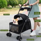 4 Wheels Dog Cat Stroller Outdoor Travel Pet Folding Stroller Dog Cat Cage Stroller Cup Holder Window For Medium Small Dog