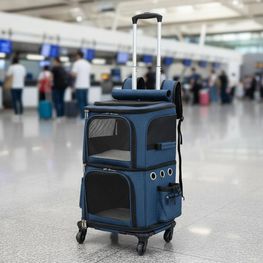 Double-Deck Pet Carrier Breathable Pet Trolley Bag Feline Travel Carrier Telescopic Handle Dog Travel Bag Portable for Vet Visit