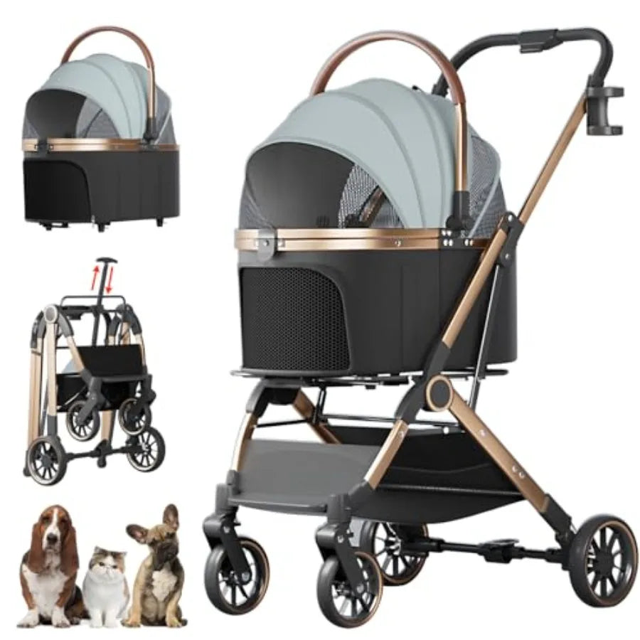 4 Wheels Pet Stroller for Small Medium Dogs Cats Up to 45 lbs Folding Dog Stroller with Detachable Breathable Carrier Suitable