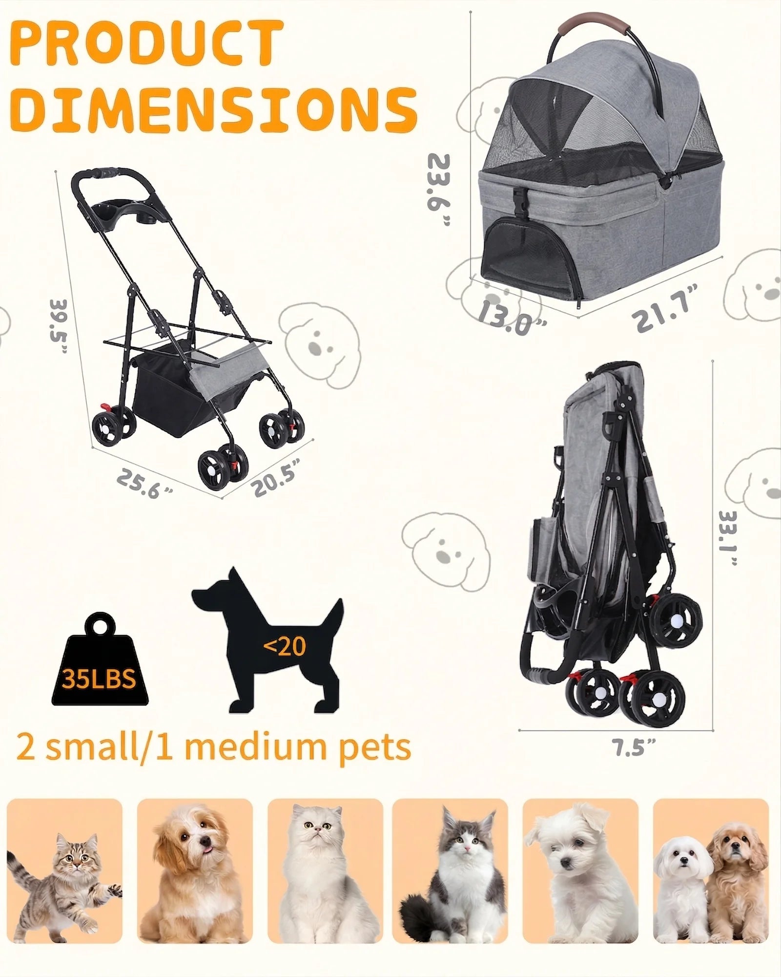 Detachable Dog Stroller 2-in-1 Pet Carrier & Stroller Foldable Lightweight 4 Wheel for Small Dogs Cats Portable Travel Pet Pram