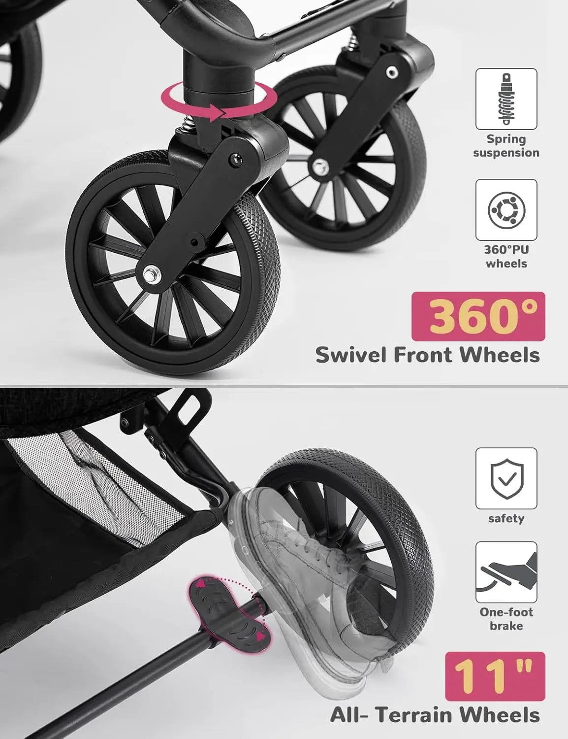4-Wheel Folding Pet Stroller for Small to Medium Dogs & Cats, Up to 60lbs, with Detachable Carrier & Storage Basket