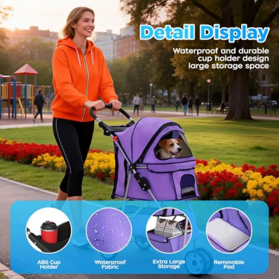 BestOffice 3-Wheel Foldable Pet Stroller with Cup Holder - Lightweight Travel Carrier for Small & Medium Dogs & Cats
