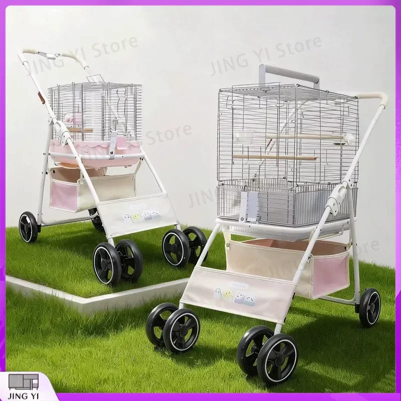 Foldable Lightweight Pet Stroller for Parrots Dogs Cats Outdoor Travel Carrier with Storage Space Portable Pet Transport Cart